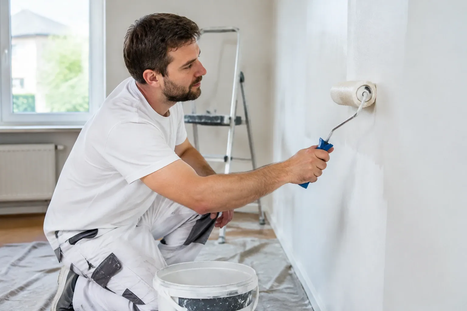 Man in witte werkkleding die een muur wit verft met verfroller en emmer naast zich