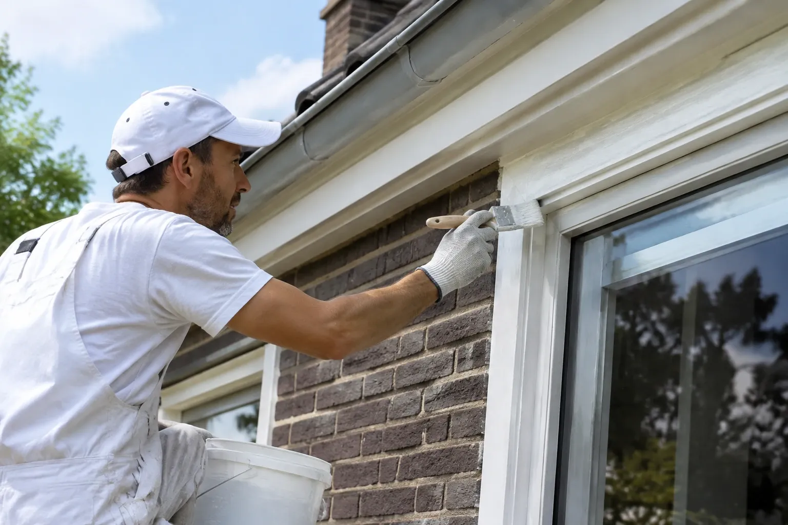 Schilder die witte lak aanbrengt op houten kozijn buiten bij woonhuis