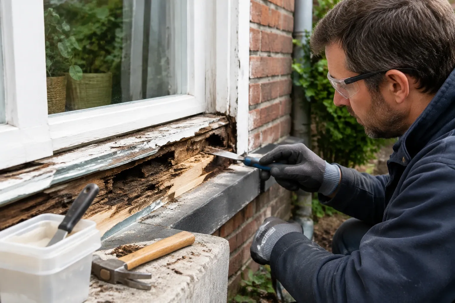 Man met veiligheidsbril vult houtrot bij raamkozijn met beitel en reparatiemortel