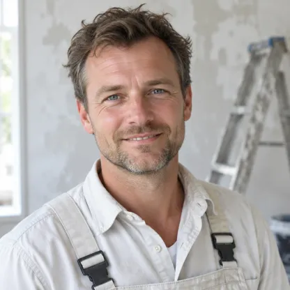 Man van middelbare leeftijd in een lichte werkbroek en overhemd, voor een gekalkte muur met een ladder